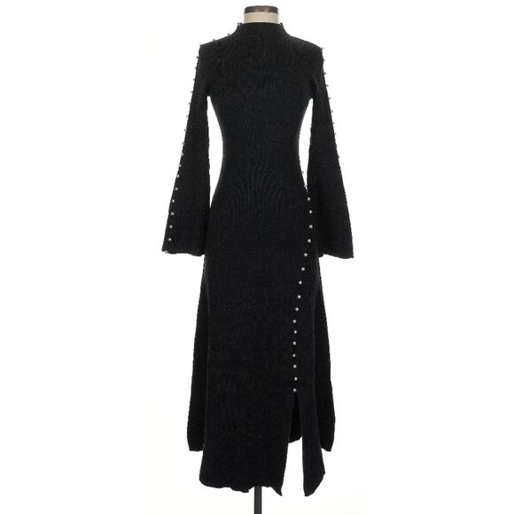 Sandro Lizza Black Ribbed Sweater Knit Pearl Trim Monk Neck Midi Dress 1 S - Picture 3 of 12